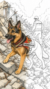 Trümmerhund - Diensthund im Einsatz. Malbild aus dem Buch. Powered by AI